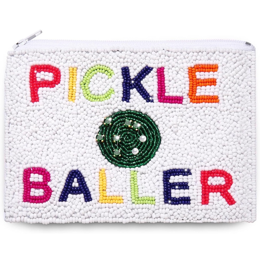 NEW PICKLE BALLER Pickleball Sparkle Seed Beaded Storage Coin Pouch Makeup Bag